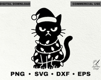 Grumpy Christmas Cat SVG, Santa Hat, Christmas Lights Clipart (Digital Download)