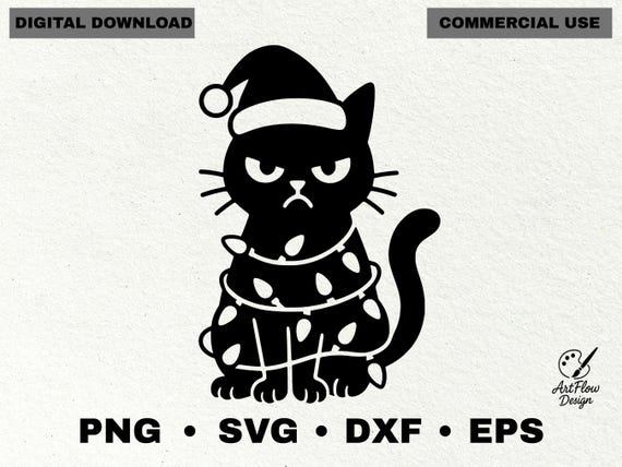 Grumpy Christmas Cat SVG, Santa Hat, Christmas Lights Clipart (Digital Download)