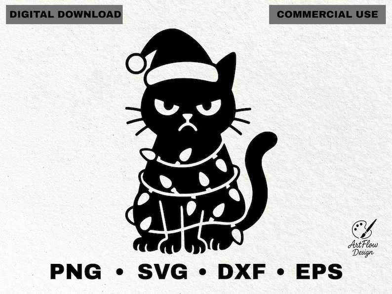 May include: Black cat illustration wearing a Santa hat and wrapped in Christmas lights. The cat has an angry expression. Text includes "DIGITAL DOWNLOAD", "COMMERCIAL USE", and file types: PNG, SVG, DXF, EPS.