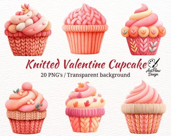 20 PNGs Knitted Valentine Cupcake Clipart • Pink Peach Dessert PNG Set (Digital Download)