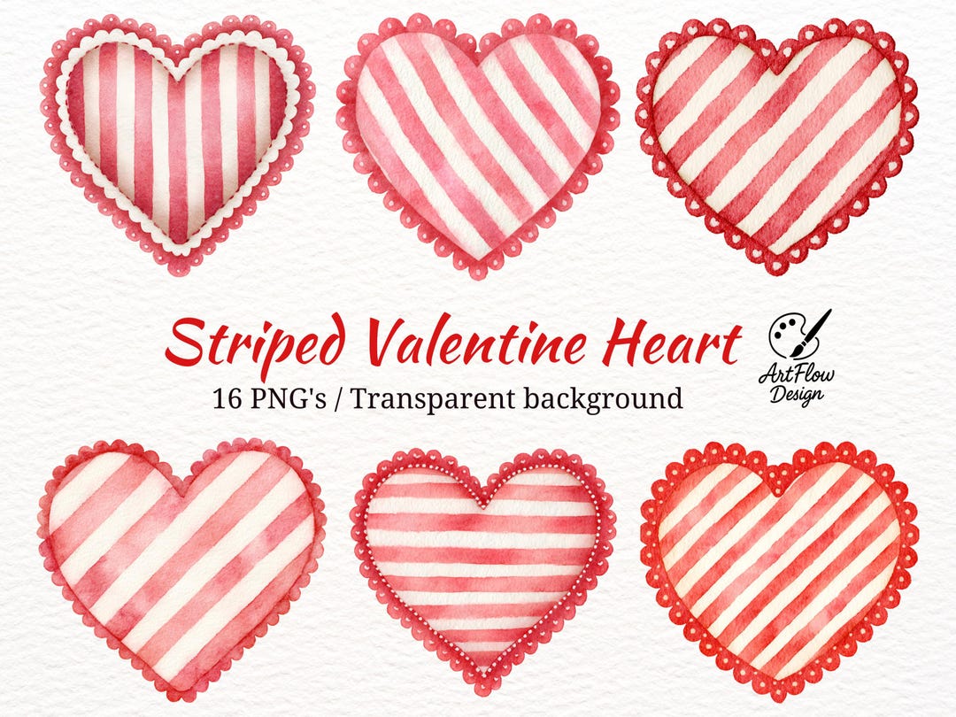 16 Pngs Watercolor Striped Valentine Heart PNG Clipart, Red Heart ...