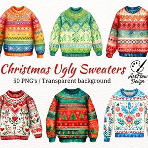 50 PNGs Watercolor Christmas Ugly Sweaters PNG Clipart – 50 Designs (Digital Download)