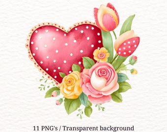 11 imagens PNG de corações florais em aquarela • Rosas e tulipas para o Dia dos Namorados (Download digital)