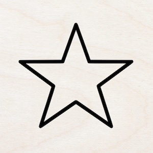Può includere: Un contorno nero di una stella a cinque punte su uno sfondo chiaro con venature del legno. Le linee della stella sono spesse e creano un design semplice e audace. L'immagine è pulita e minimalista, adatta a vari progetti artigianali o decorativi.