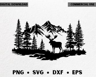 Deer Mountain SVG PNG DXF Eps Forest Wildlife Silhouette Elk Scene Cut File