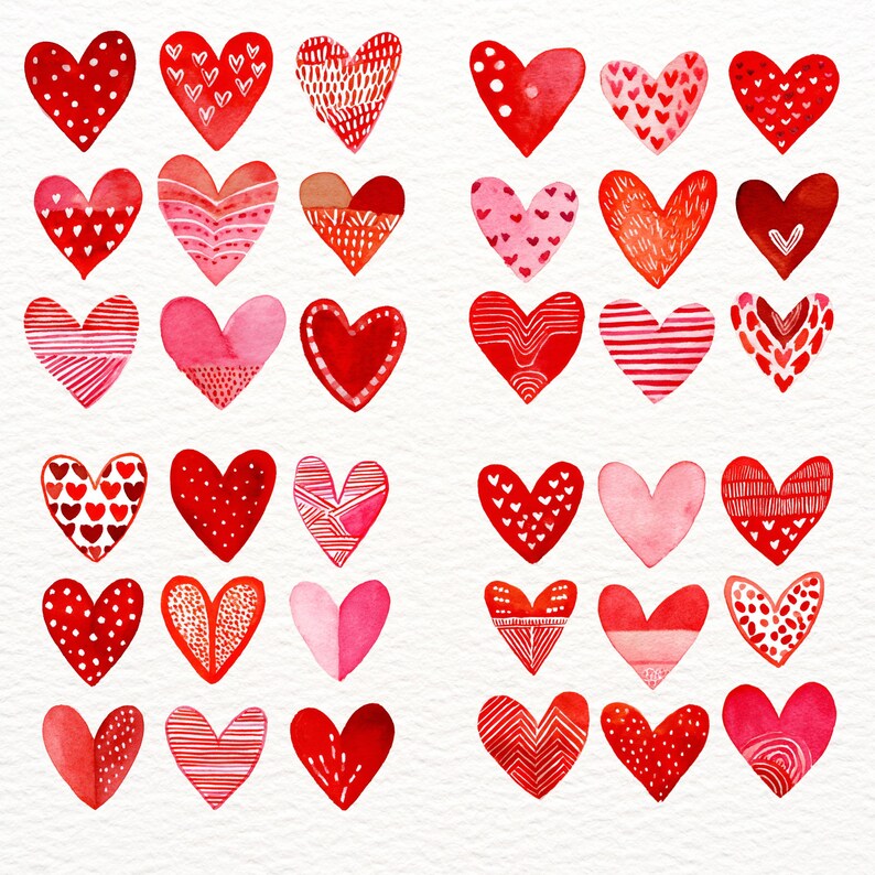 8 Png’s Red Watercolor Hearts Clipart Set, Valentines Heart Designs for ...