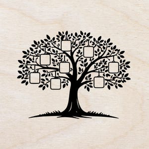 May include: Black silhouette of a tree with a thick trunk, branches, and leaves. Eight square frames hang from the branches, designed for displaying photos. The tree is set against a light wood grain background.