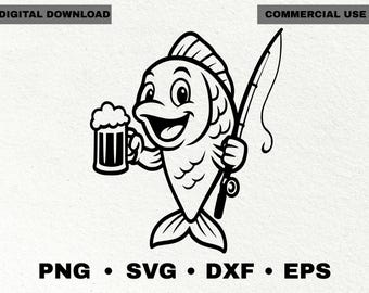 Funny Fishing SVG, Fish with Beer and Fishing Rod Png DXF Eps, Fisherman Humor Design, Cricut Shirt SVG, Dad Gift, Laser Cut File