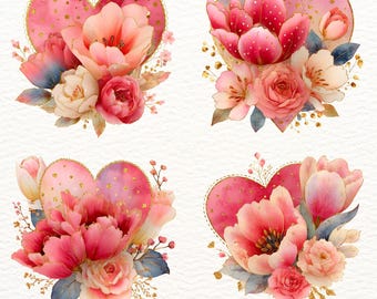 8 PNG’s Floral Heart PNG Bundle, Watercolor Flower Heart Clipart, Romantic Valentine Design, Pink Floral Png, Sublimation, Printable