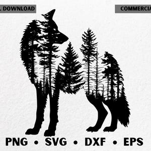 Puede incluir: Silueta negra de un lobo con una escena de bosque en su interior. La imagen incluye el texto "DESCARGA DIGITAL" y "USO COMERCIAL" en la parte superior, y "PNG • SVG • DXF • EPS" en la parte inferior.