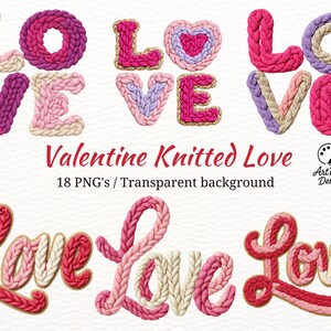 Könnte beinhalten: Verschiedene gestrickte "LOVE" Designs in Rosa, Rot und Weiß. Der Text "Valentine Knitted Love" ist zu sehen, zusammen mit "18 PNG's / Transparent background". Geeignet für Valentinstag.
