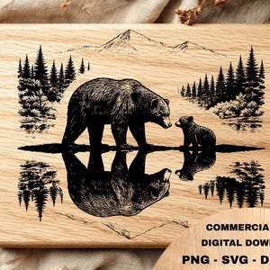 Famiglia di orsi SVG / File per incisione laser con riflesso di fauna selvatica sul lago / Orso PNG DXF EPS