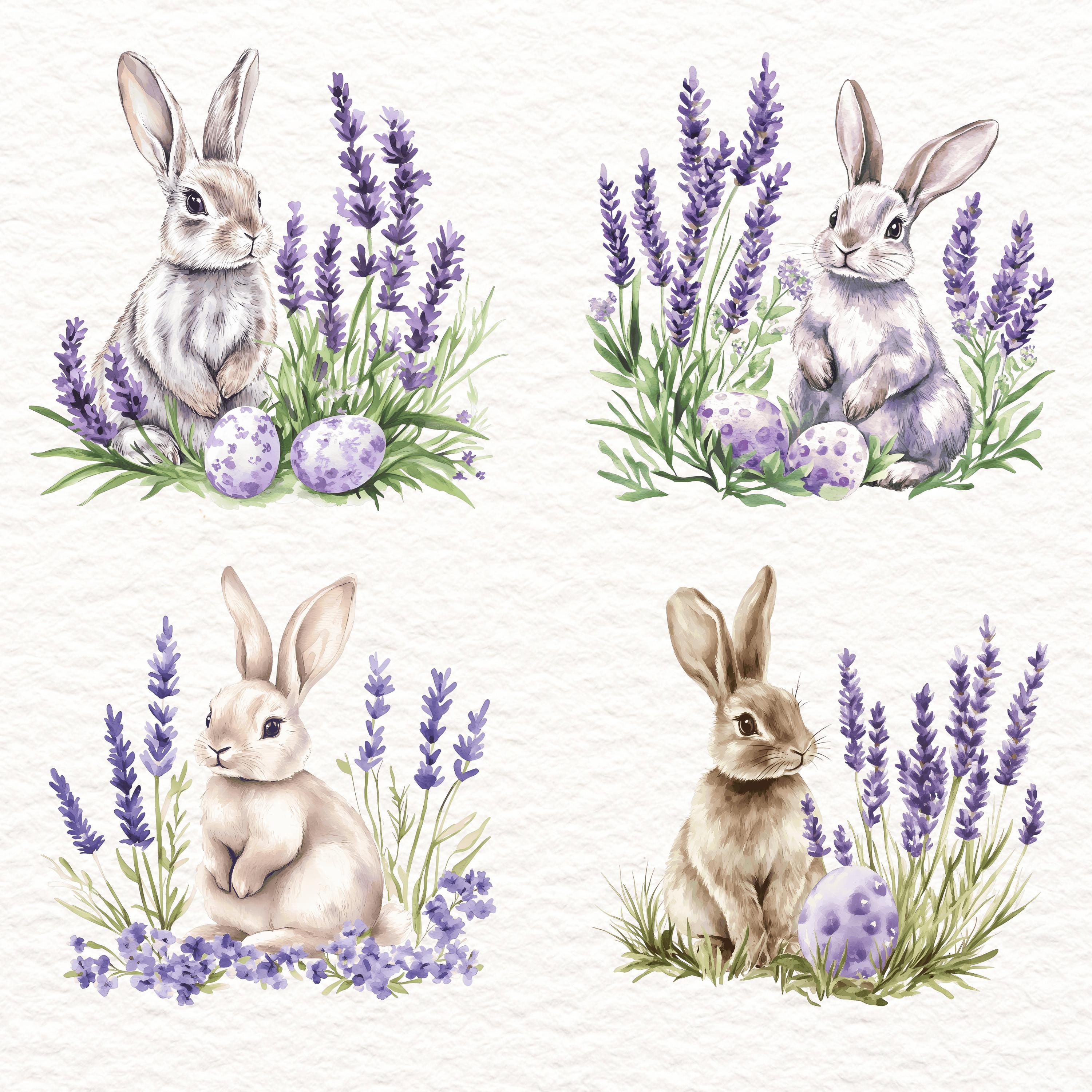 25 Bunny PNG Watercolor Clipart Lavender Rabbits Spring Flowers Easter ...