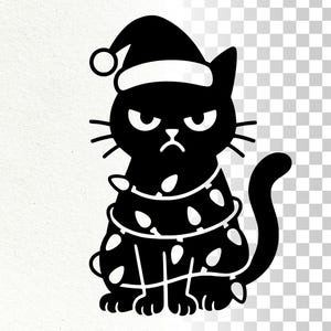 May include: A black cat illustration wearing a Santa hat and wrapped in Christmas lights. The cat has an angry expression. The image is a vector graphic, suitable for holiday-themed products.