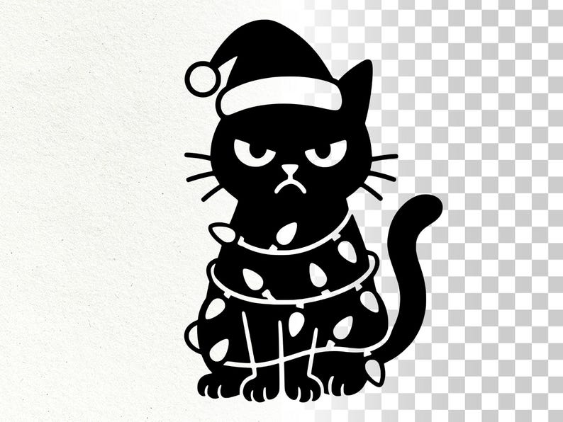 May include: A black cat illustration wearing a Santa hat and wrapped in Christmas lights. The cat has an angry expression. The image is a vector graphic, suitable for holiday-themed products.