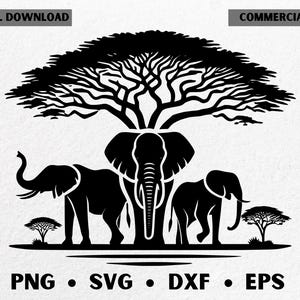 May include: A black and white graphic featuring three elephants beneath a large tree, with the text "DIGITAL DOWNLOAD" and "COMMERCIAL USE" at the top. The bottom of the image has the text "PNG • SVG • DXF • EPS".