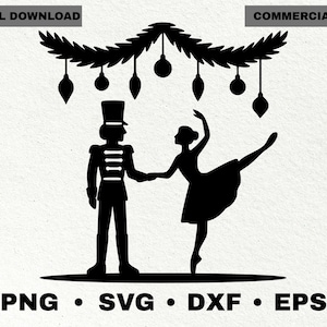 May include: Black and white silhouette of a nutcracker and a ballerina holding hands, under a decorative garland with ornaments. The words "DIGITAL DOWNLOAD" and "COMMERCIAL USE" are at the top. The image also includes the file types: PNG, SVG, DXF, and EPS.