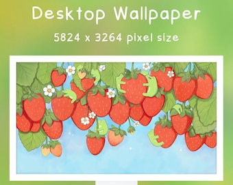 Strawberry Frogs Cottagecore Wallpaper: Hand-Drawn Desktop Background (Digital Download)