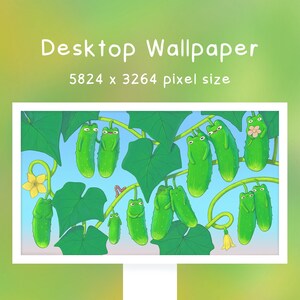 May include: A digital desktop wallpaper featuring a light blue background with green cucumber characters hanging from vines with large leaves and yellow flowers. The text "Desktop Wallpaper" and "5824 x 3264 pixel size" is displayed.