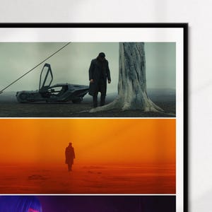 May include: Framed print featuring three scenes from a science fiction film. The top scene shows a futuristic car and a person in a long coat. The middle scene depicts a person walking in an orange landscape. The bottom scene shows a person with purple hair.
