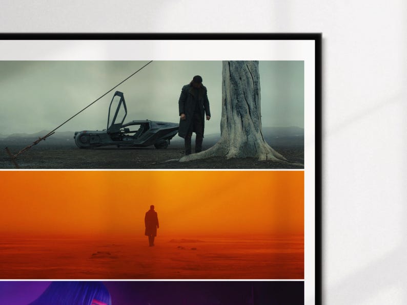 May include: Framed print featuring three scenes from a science fiction film. The top scene shows a futuristic car and a person in a long coat. The middle scene depicts a person walking in an orange landscape. The bottom scene shows a person with purple hair.