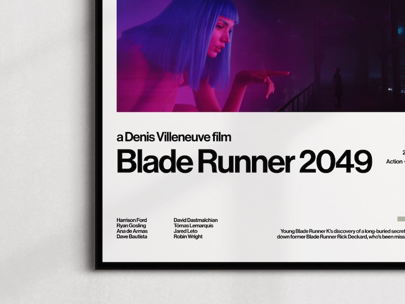 May include: A movie poster for "Blade Runner 2049" features a woman with blue hair and a pink background. The title is in bold black letters. The poster also lists the director, actors, and a brief plot summary.