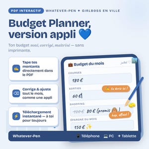 Peut inclure: Une interface de planificateur de budget PDF numérique avec le texte Budget Planner, version appli, et Budget du mois. La mise en page comprend des champs interactifs pour les dépenses comme courses, sorties et shopping, avec une icône de stylet bleu et des icônes pour téléphone, PC et tablette.