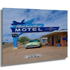 Blue Swallow Motel Print: Route 66 Americana Photo, Vintage Car Wall Art