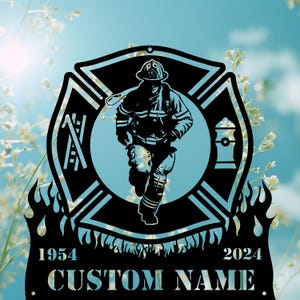 Custom Firefighter Memorial Grave Marker Running Hero Sign, Fireman Tribute Cemetery Stake, Fallen Firefighter Badge Outdoor Metal Art.