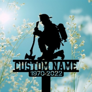 Personalized Firefighter Kneeling at Cross Grave Marker, Custom Fallen Hero Tribute Sign, In Loving Memory Fireman Cemetery Yard Stake.