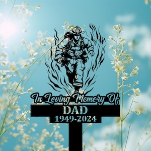 Personalized Fireman Running Through Fire Grave Marker, Custom Fallen Hero Tribute Sign, In Loving Memory Fireman Cemetery Yard Stake.