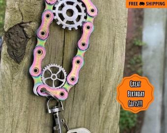Handmade Oil Slick Bicycle Chain Keychain, Unique Bicycle Gear & Chain Design, Gift for bicycle rider, Made from recycled bike chains, Gifts