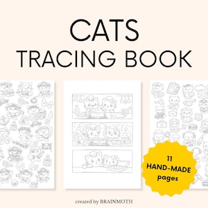 Könnte beinhalten: Ein "Cats Tracing Book" mit 11 handgefertigten Seiten. Das Buch enthält Schwarz-Weiß-Illustrationen von Katzen in verschiedenen Szenarien, darunter Piratenkatzen und kochende Katzen. Der Titel des Buches ist in großen, fetten, schwarzen Buchstaben geschrieben.