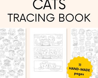 May include: A "Cats Tracing Book" with 11 hand-made pages. The book features black and white illustrations of cats in various scenarios, including pirate cats and cats cooking. The book's title is in large, bold, black letters.
