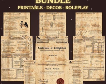 May include: A collection of printable wizarding exam materials, including study guides, exams, and a certificate of completion. The documents have a vintage parchment appearance with text and illustrations. Ideal for decor and roleplay.
