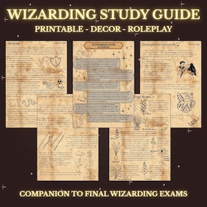 May include: A collection of printable study guides with the title "WIZARDING STUDY GUIDE" and the words "PRINTABLE - DECOR - ROLEPLAY" at the top. The guides cover topics like Charms, Transfiguration, and Herbology, with handwritten notes and illustrations. The text "COMPANION TO FINAL WIZARDING EXAMS" is at the bottom.