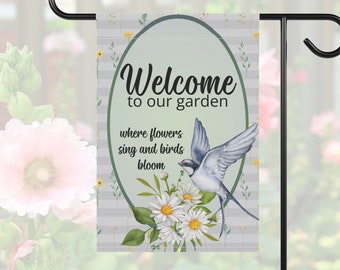 Welcome Sign for Garden, Daisy and Tree Swallow Yard Banner, April Birth Month Flower Decorative Sign for Bird and Garden Lovers
