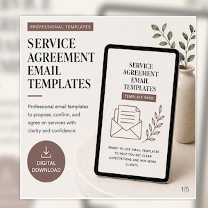 Könnte beinhalten: Werbung für E-Mail-Vorlagen für Servicevereinbarungen zum Herunterladen. Das Bild zeigt ein Tablet mit dem Vorlagenpaket, mit dem Text "Service Agreement Email Templates" und "Digitaler Download."