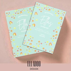 Faire-part d'anniversaire personnalisé licorne arc-en-ciel, invitation d'anniversaire colorée, carte d'anniversaire personnalisable étoiles arc-en-ciel