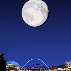 May include: A nighttime cityscape with a full moon and the text "Sleepless in Newcastle." The image features a large, bright moon in a dark blue sky above illuminated bridges and buildings reflected in the water.