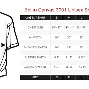 May include: Diagram of a white unisex short sleeve t-shirt with measurements in inches. The chart provides chest size, width, shirt length, sleeve length, and women's US size for sizes S to 3XL. The t-shirt is a Bella+Canvas 3001.