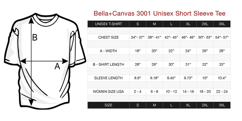 May include: Diagram of a white unisex short sleeve t-shirt with measurements in inches. The chart provides chest size, width, shirt length, sleeve length, and women's US size for sizes S to 3XL. The t-shirt is a Bella+Canvas 3001.