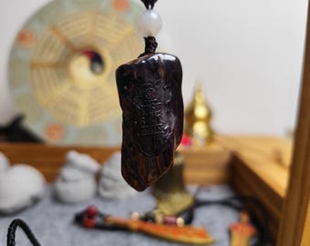 Petrified Wood Taoist Amulet Necklace: Ziwei Bagua Talisman