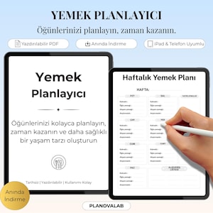 Puede incluir: Un planificador de comidas digital en una tableta, con un diseño semanal para las comidas. El texto dice "Yemek Planlayıcı" y "Planifica tus comidas, ahorra tiempo."