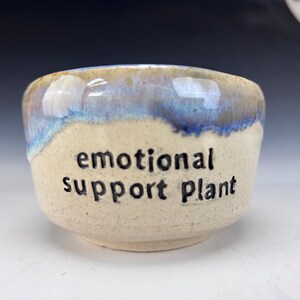 May include: A ceramic bowl with a cream-colored base and a blue and brown glazed rim. The words "emotional support plant" are printed in black on the front of the bowl. The bowl is round and has a small, flat base.