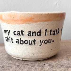 May include: A speckled off-white ceramic bowl with a light orange rim. The exterior features black embossed text that reads, my cat and i talk shit about you. The bowl has a wide, open top and a slightly tapered base with a visible textured finish.