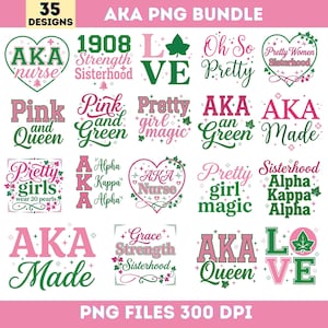 May include: A digital PNG bundle featuring 35 designs in pink and green. The designs include text such as "AKA Nurse," "Pink and Green," and "Pretty Girl Magic." The bundle is for PNG files at 300 DPI.