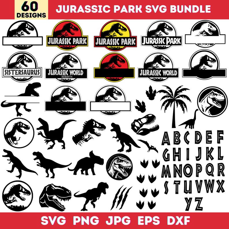 May include: A collection of 60 Jurassic Park-themed SVG designs. Includes logos, dinosaur silhouettes, footprints, and an alphabet. The designs feature black and white graphics with red and yellow accents, perfect for crafting projects.