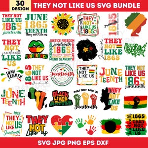Può includere: Una collezione di 30 design SVG a tema Juneteenth. I design includono testo che recita "They Not Like Us", "June 1865" e "Juneteenth". I design includono anche immagini di un girasole, un pugno alzato e il continente africano.