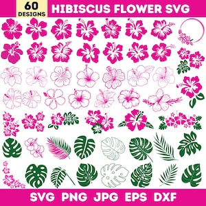 May include: A collection of 60 hibiscus flower designs in various styles, including solid and outlined versions, along with tropical leaves. The designs are in shades of pink and green, with the text "HIBISCUS FLOWER SVG" at the top and file type options at the bottom.